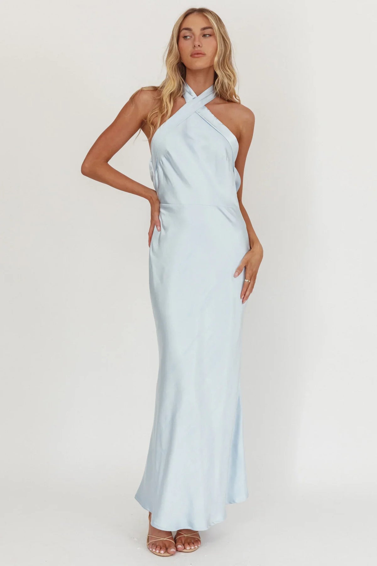 Italia Azure Crossover Halterneck Maxi Dress Ice Blue