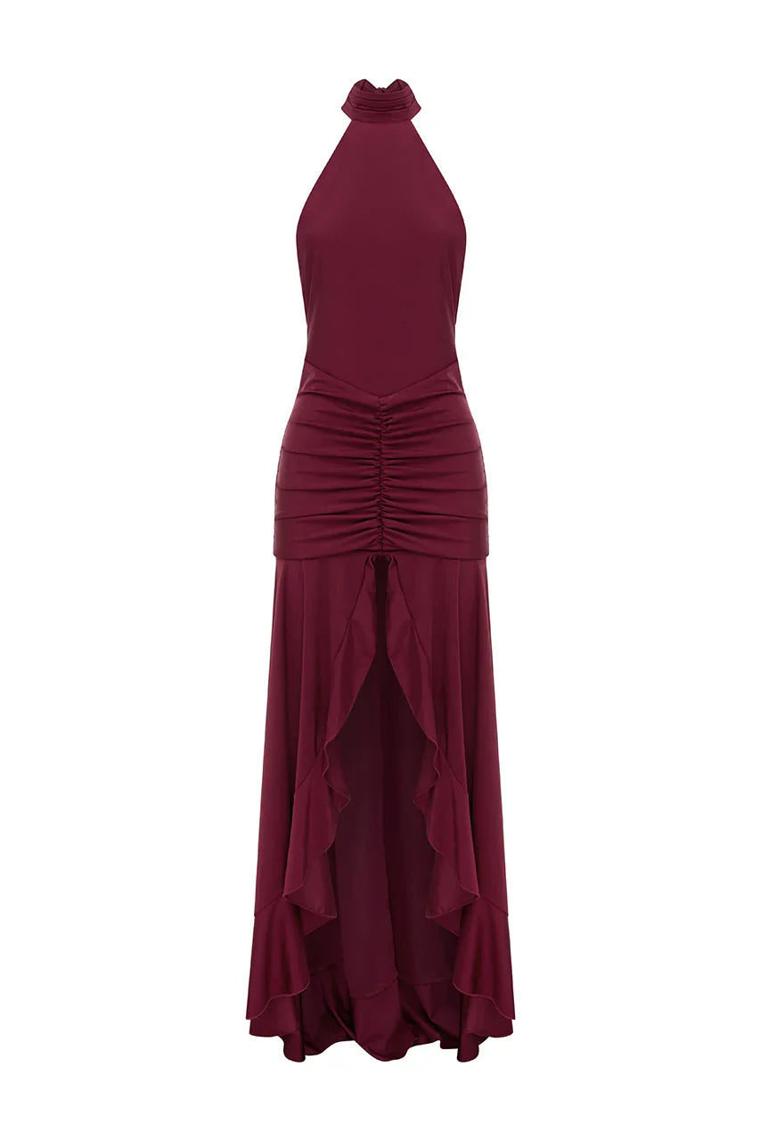 ZELMA HIGH NECK MAXI DRESS - WINE