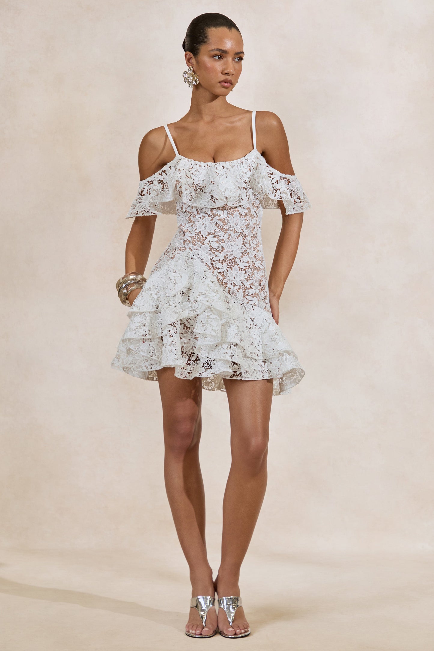 Lyris | White Lace Scoop-Neck Mini Dress With Ruffled Detailing