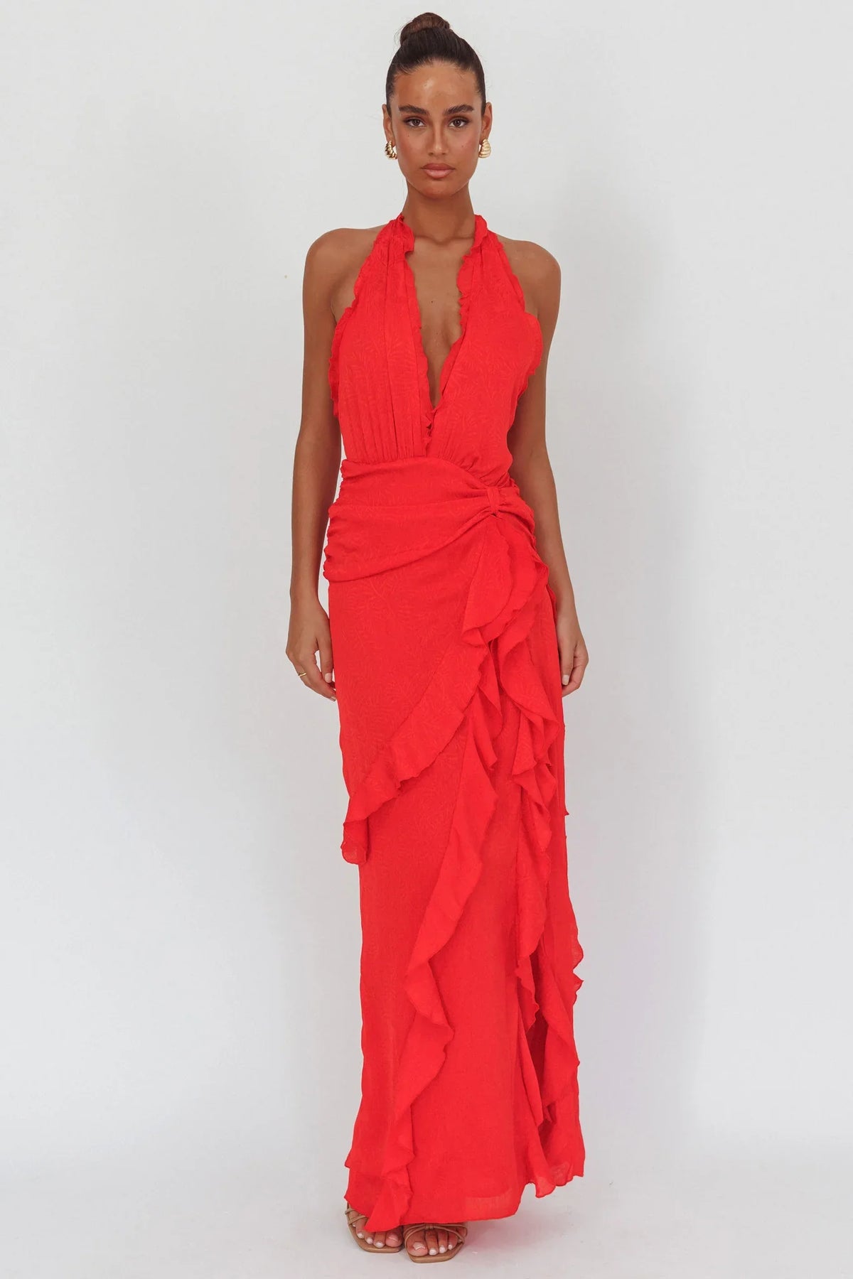 Libre Plunging Halter Ruffle Maxi Dress Red