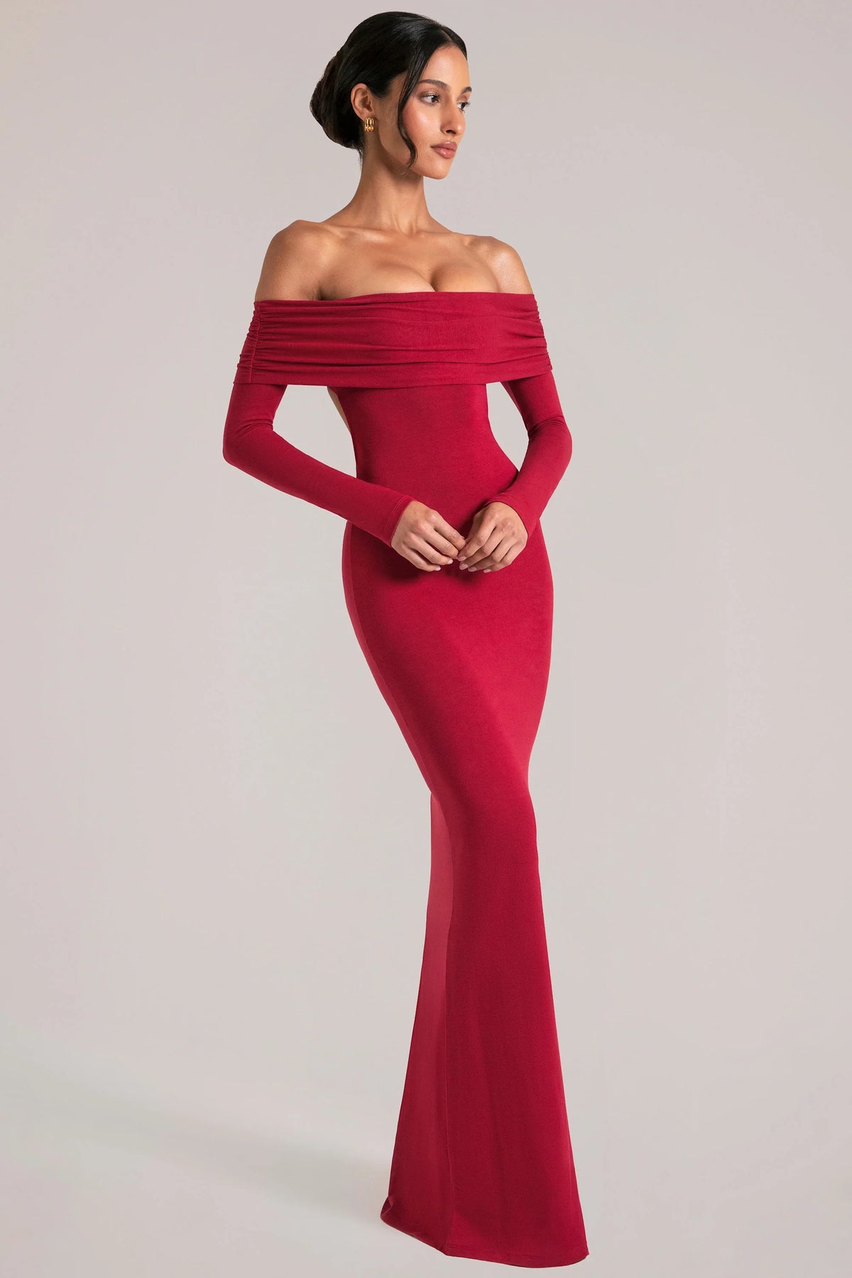 Off-Shoulder Long-Sleeve Maxi Dress in Cherry Red