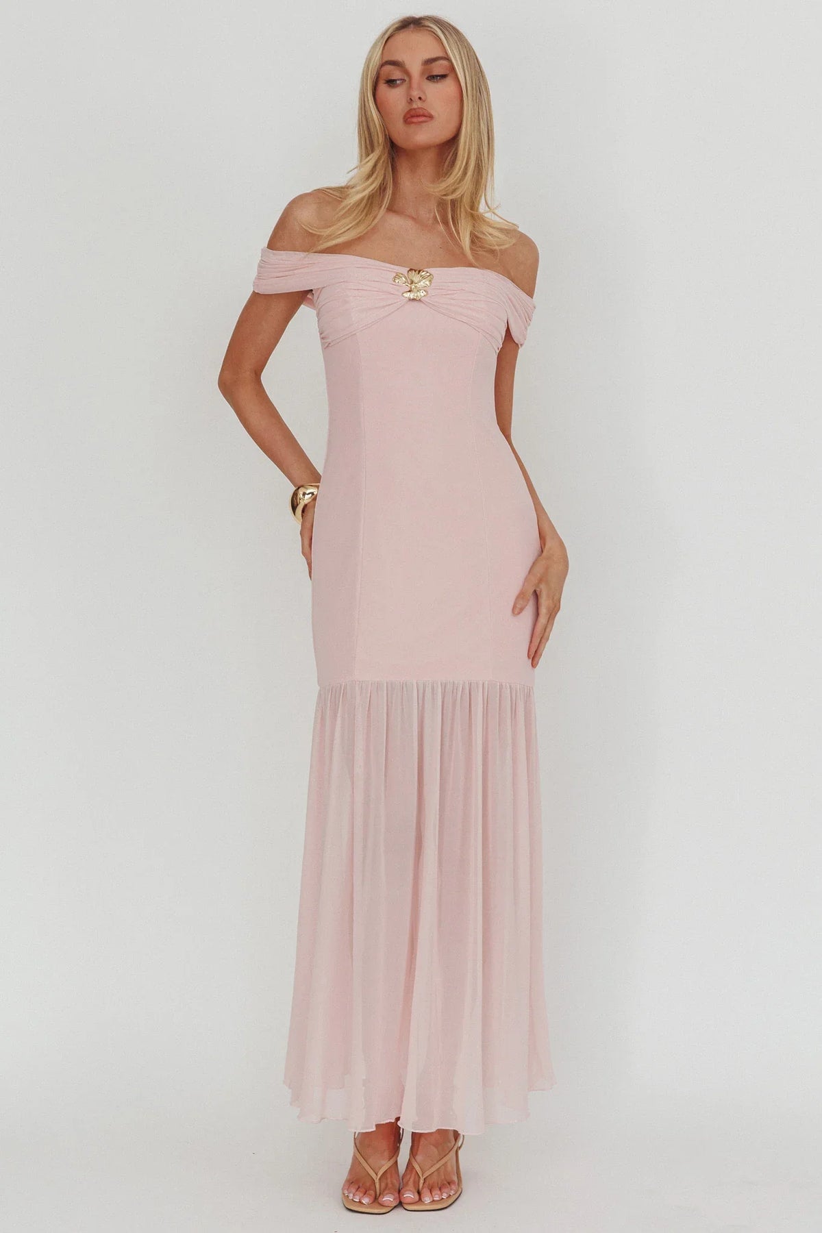 Wilma Off-Shoulder Sheer Hem Maxi Dress Pink