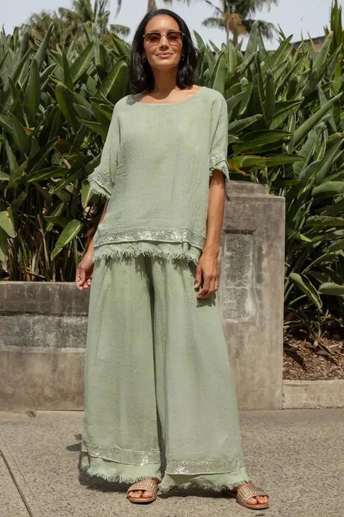 Antonia Wide Leg Linen Sequinned Pants in Mint