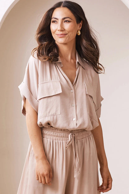 Vittoria Short Sleeve Collared V-Neck Shirt Taupe