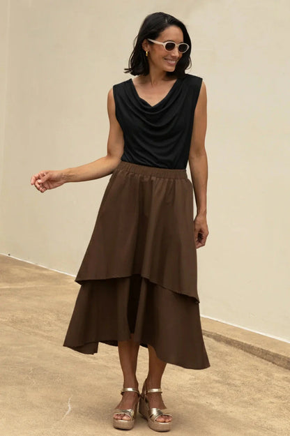 Vivian Flared Tiered Midi Skirt Brown