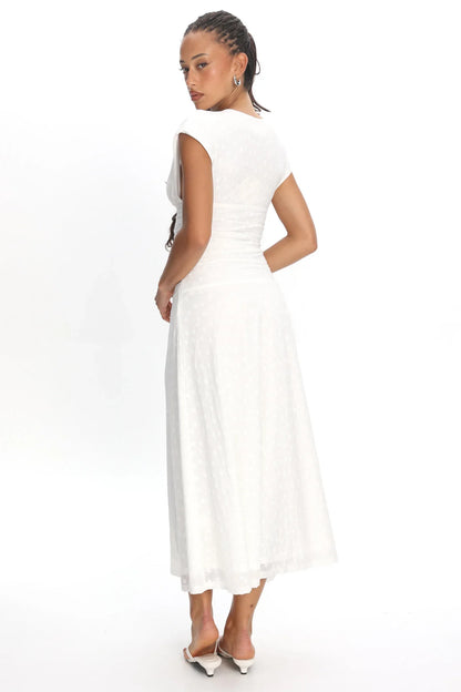 Novia Ruched Bodice Maxi Dress Embroidered Off White