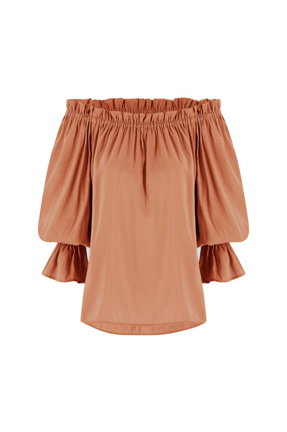 Vittoria Frill Trim Off Shoulder Long Sleeve Top Coffee