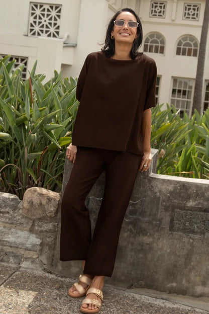 Gemma Straight Leg Tie Waist Pants Chocolate Brown