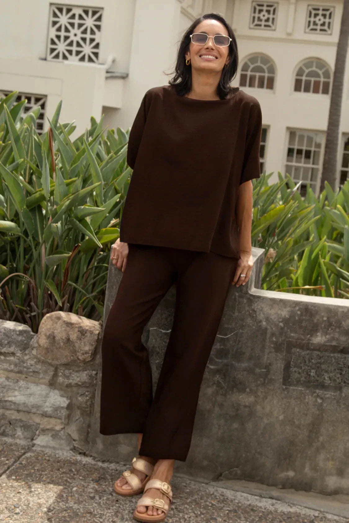 Gemma Short Sleeve Round Neck Top Chocolate Brown