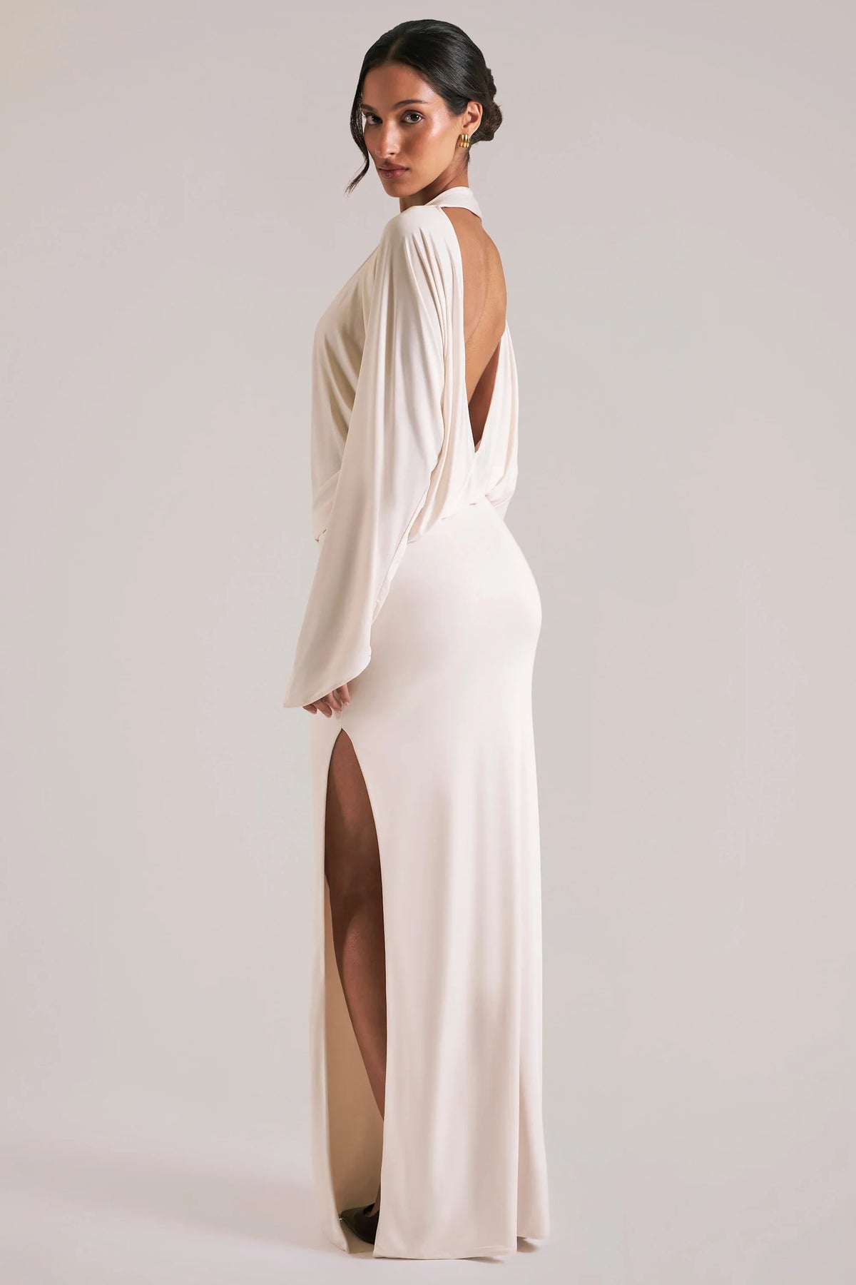 Long-Sleeve Draped Maxi Dress in Ivory
