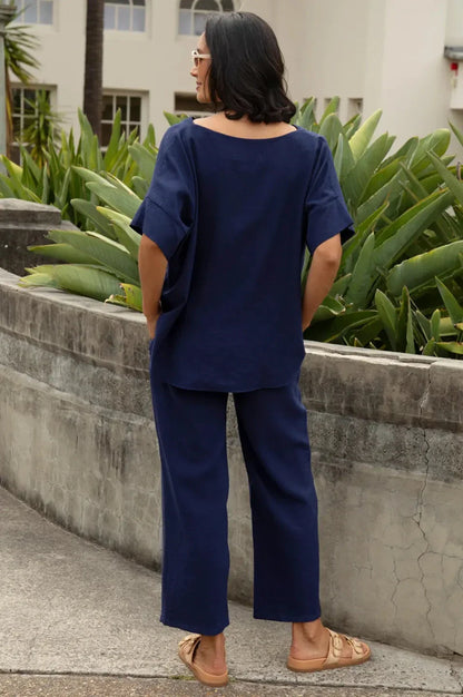 Gemma Straight Leg Tie Waist Pants Navy