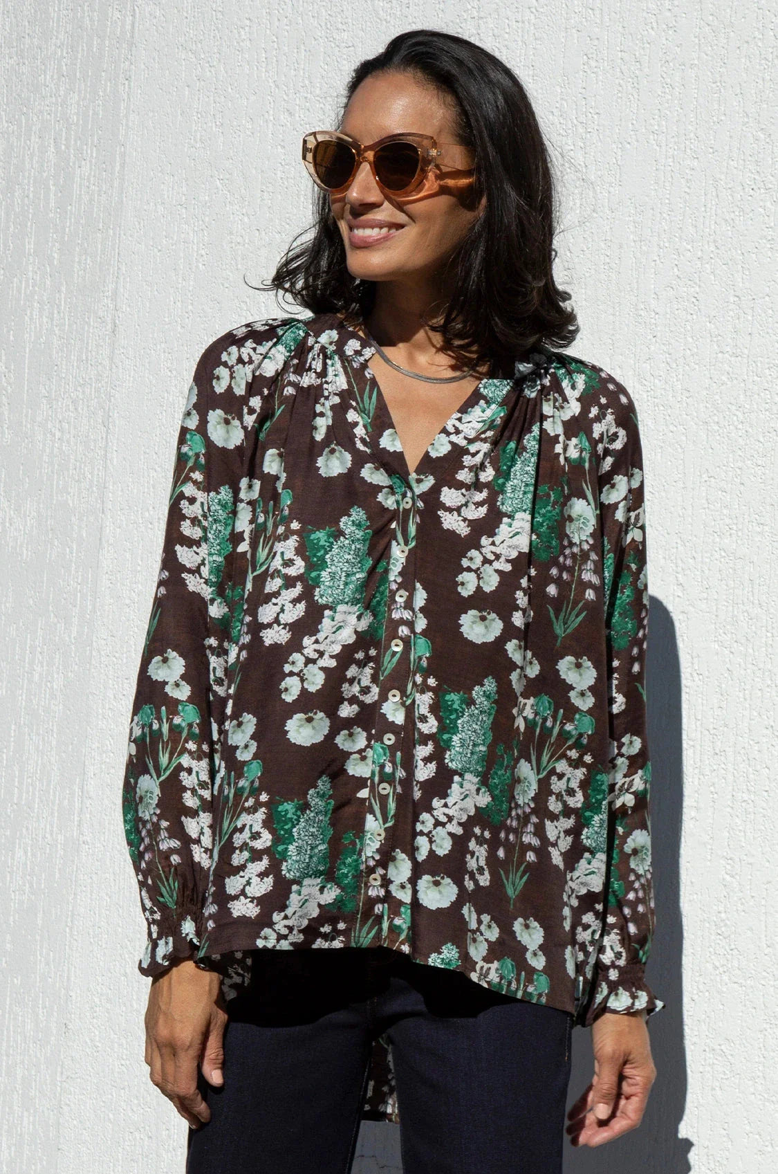 Lissy Floral Long Sleeve Top Brown