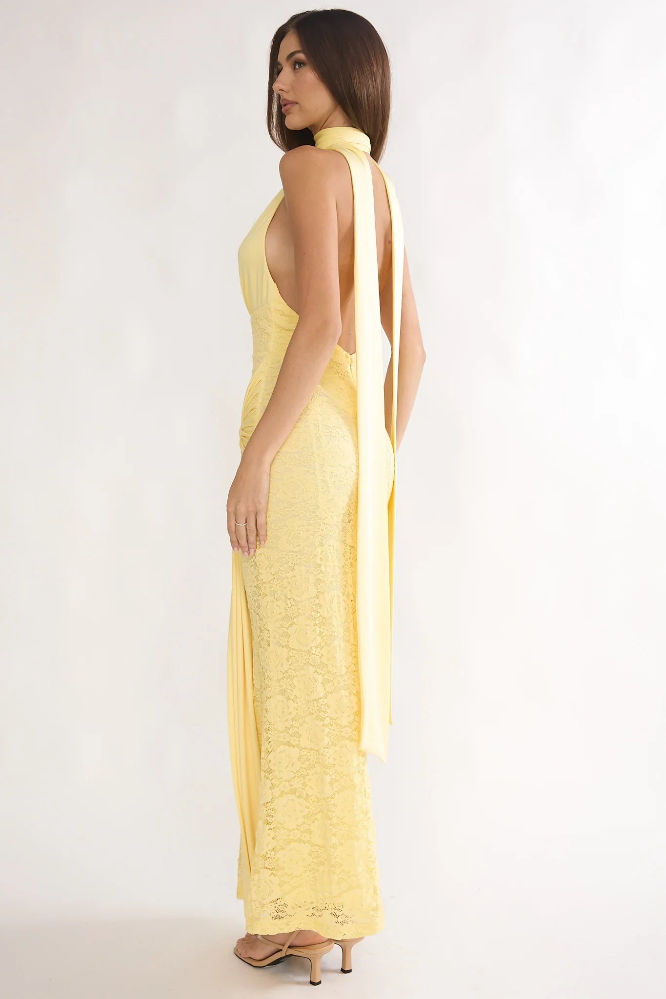 Adair Halterneck Waist Sash Maxi Dress Lace Butter