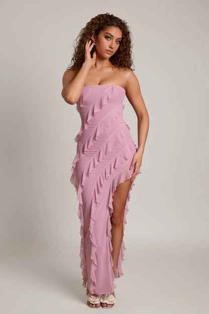 Bandeau Ruffle Detail Maxi Dress in Dusty Pink
