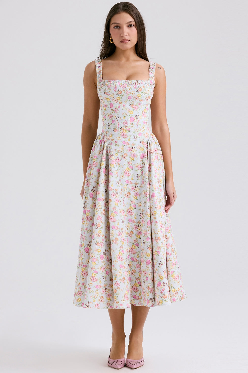 pale blue meadow print cotton midi sundress