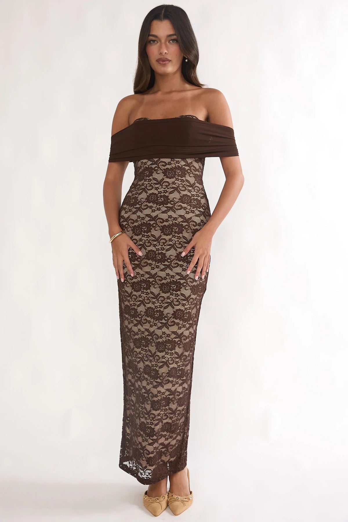 Jewelene Off-Shoulder Maxi Dress Lace Chocolate