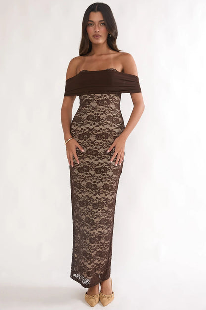 Jewelene Off-Shoulder Maxi Dress Lace Chocolate