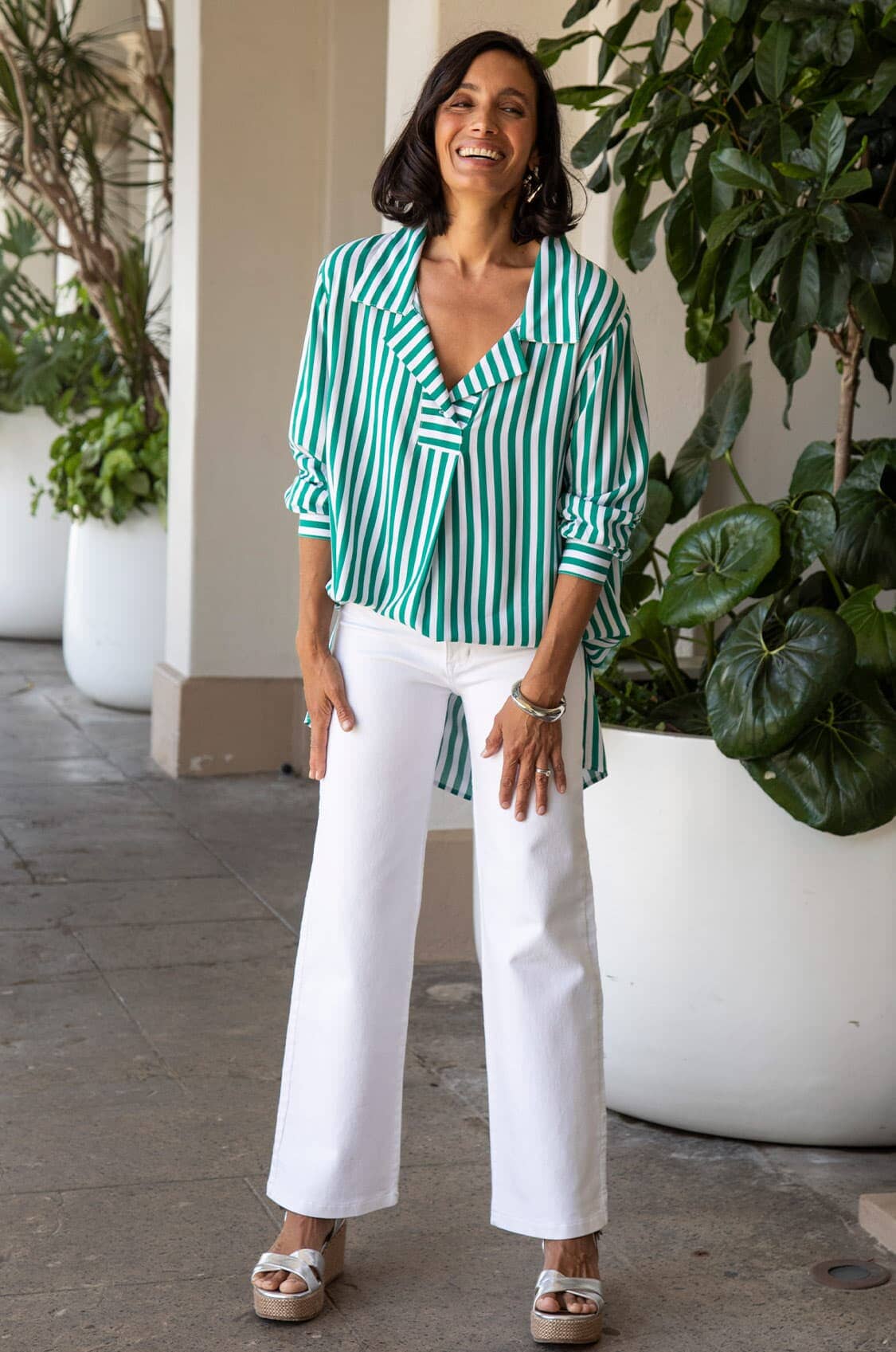Monaco Striped Dress Shirt Emerald and White