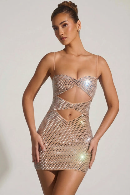 Embellished Cut-Out Mini Dress in Almond