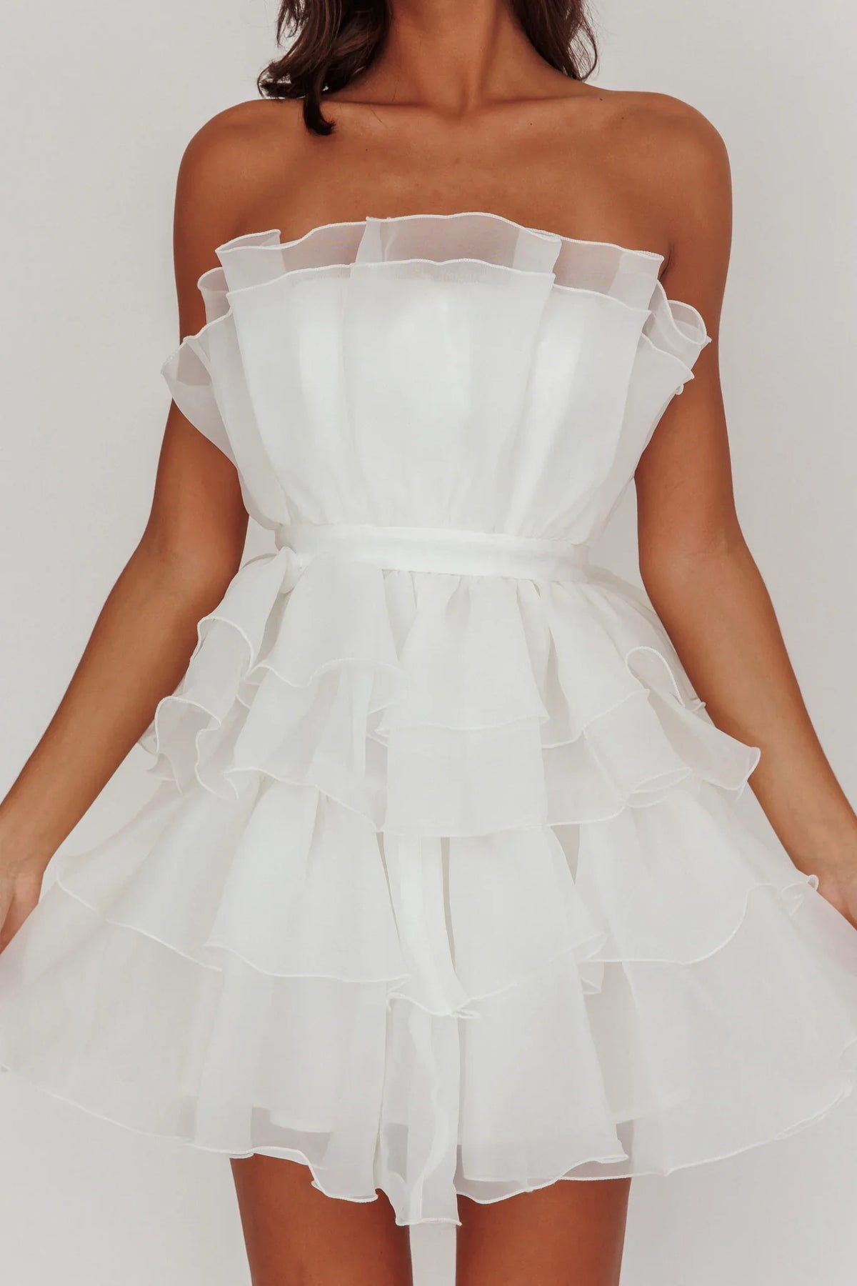 Bon Bon Tiered Organza Mini Dress White