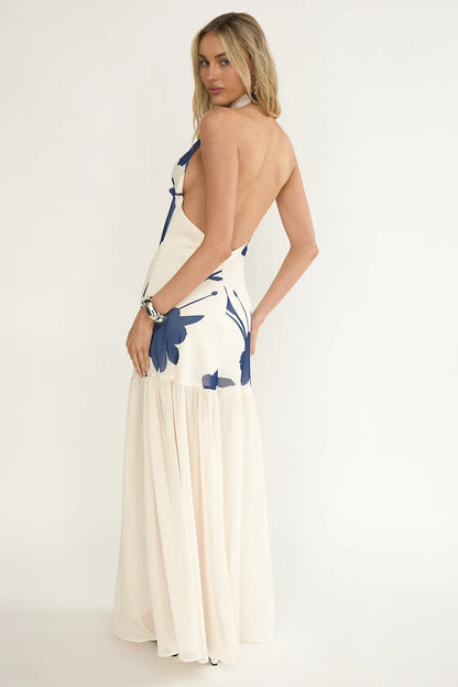 Omaria Cowl Halter Maxi Dress Floral Beige