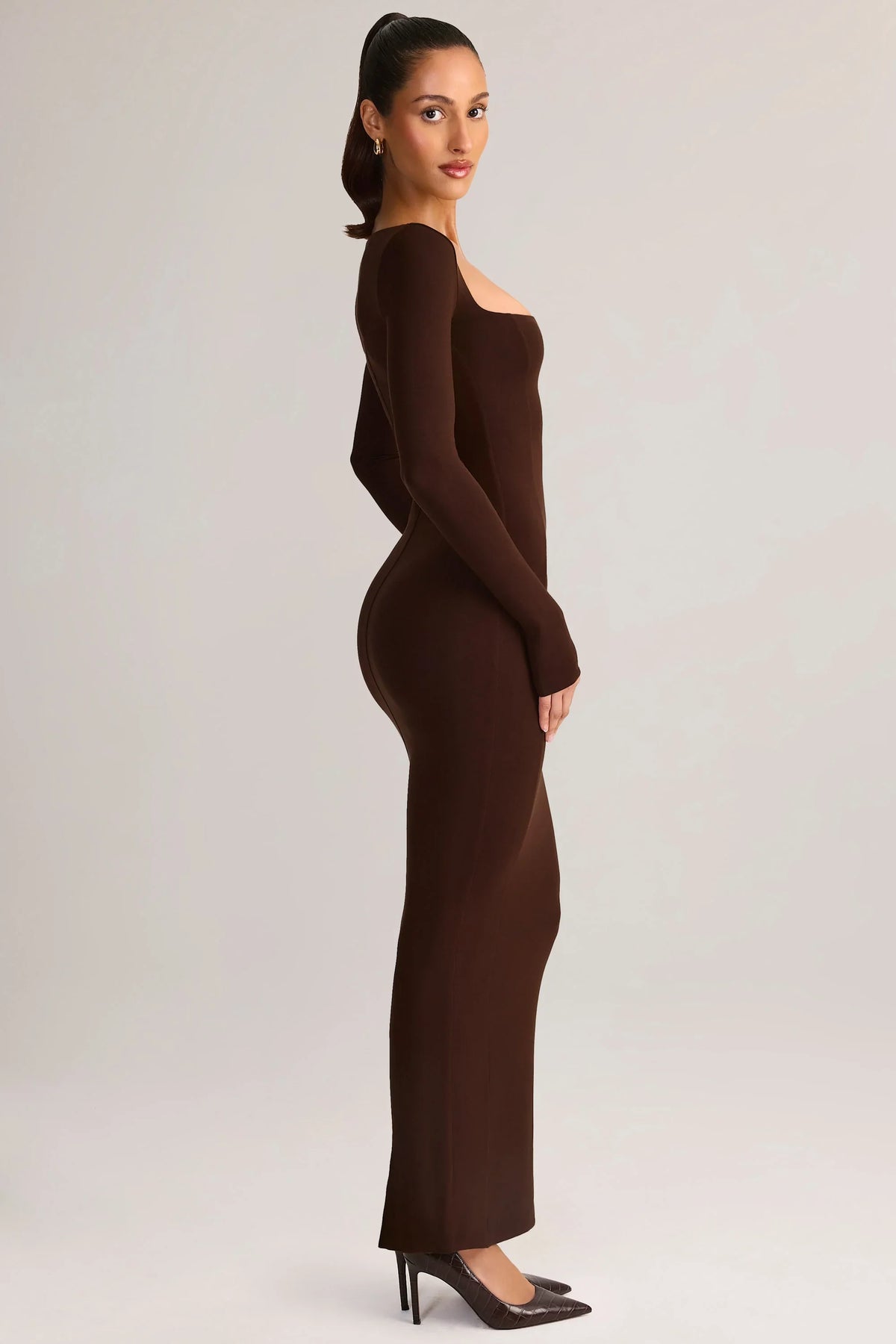 Modal Square-Neck Bodycon Maxi Dress in Chocolate Brown