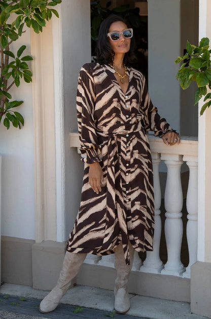 Evelyn Animal Print Long Sleeve Dress in Chocolate
