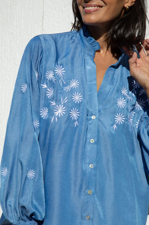 Daphne Embroidered Collared Shirt Denim Blue