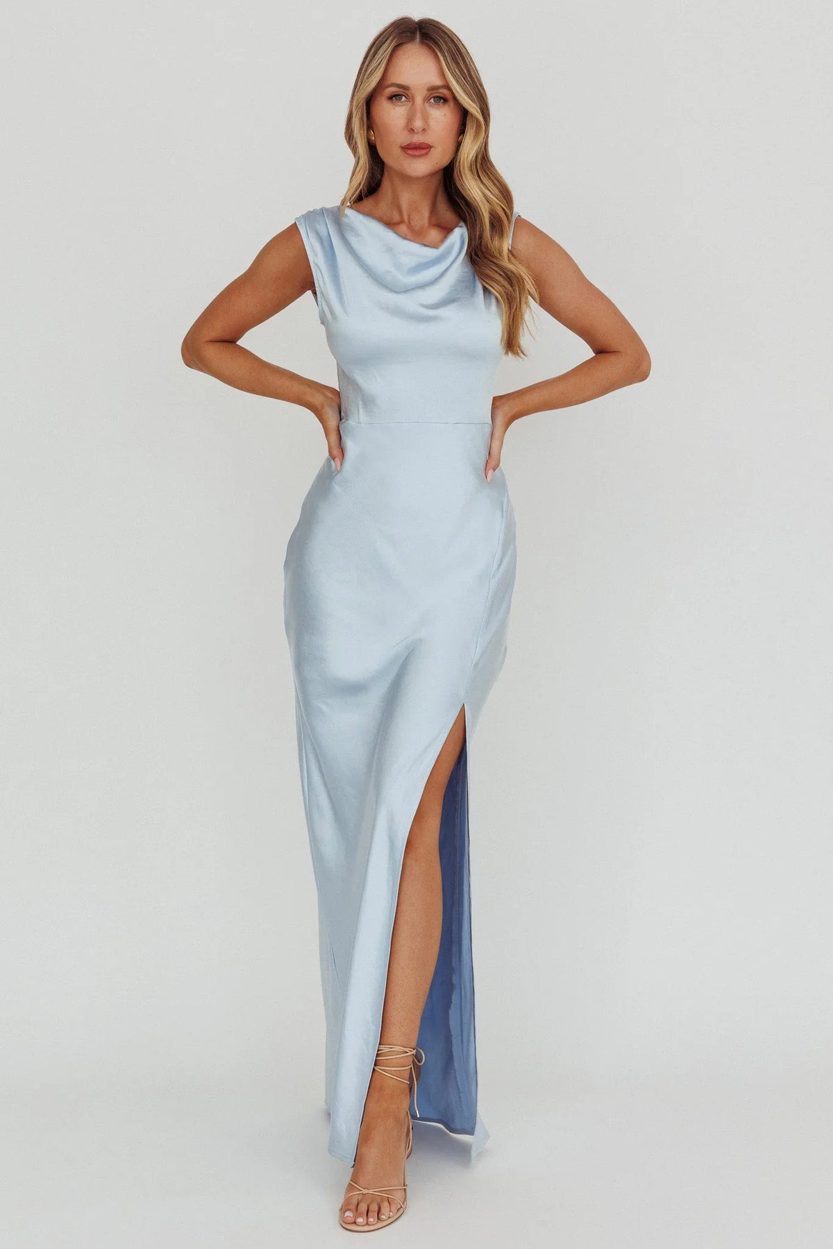 Jinora Cowl Neck Leg Slit Satin Maxi Dress Blue