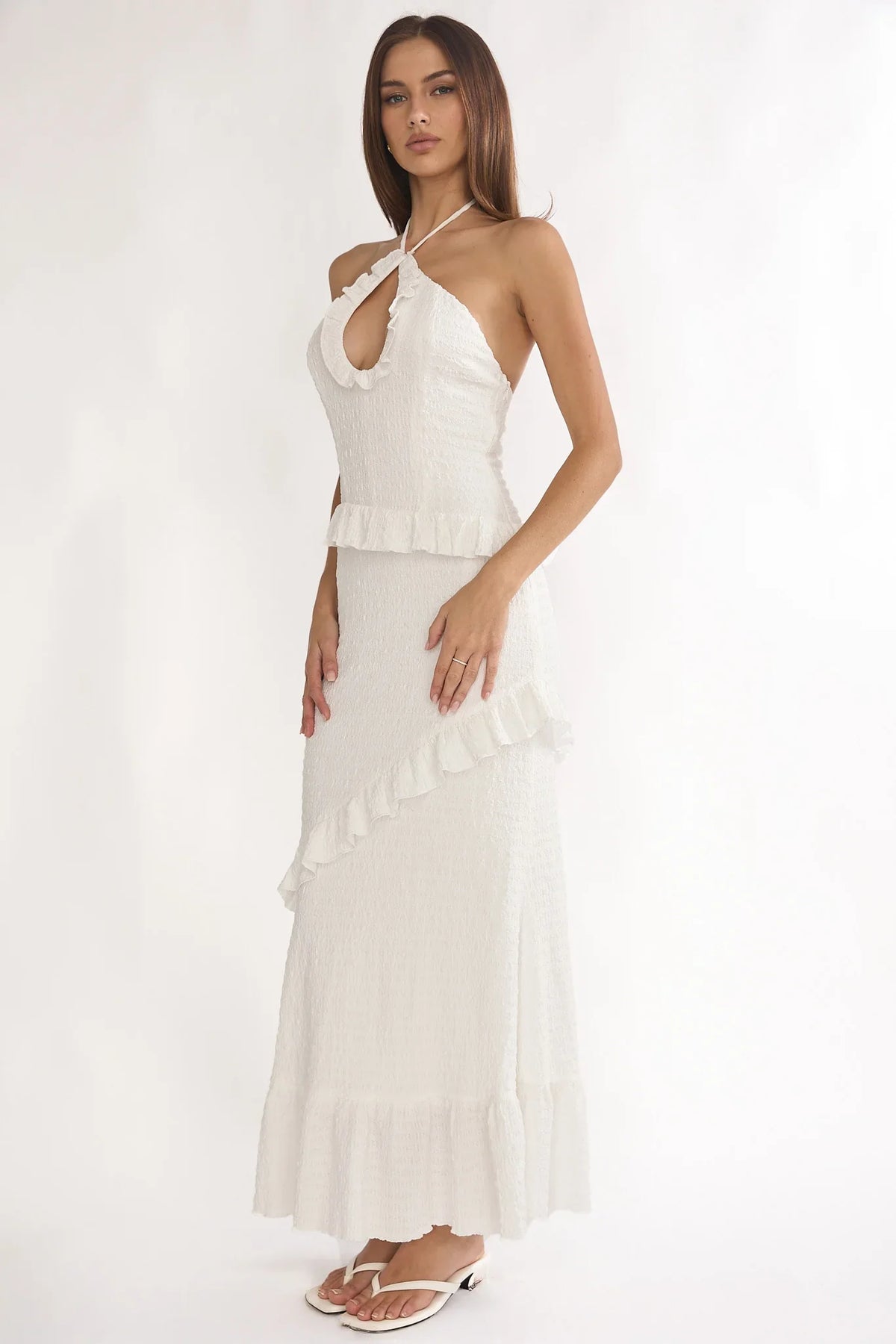 Clemence Smocked Frill Trim Maxi Dress White