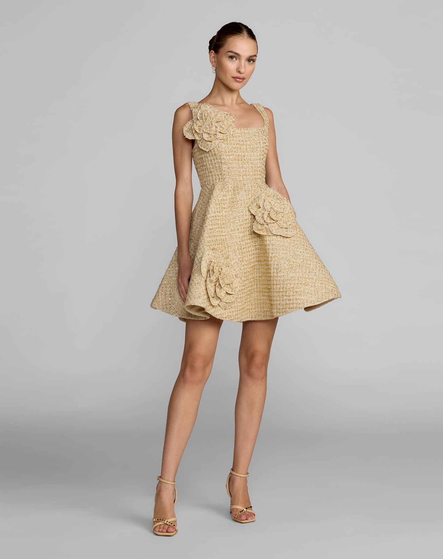 Gold Boucle Floral Applique Mini Dress With Pockets