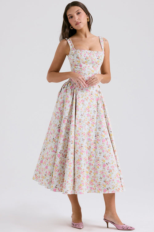 pale blue meadow print cotton midi sundress