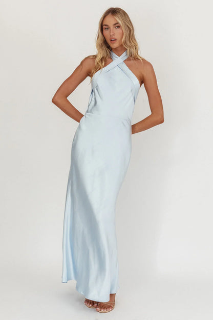 Italia Azure Crossover Halterneck Maxi Dress Ice Blue