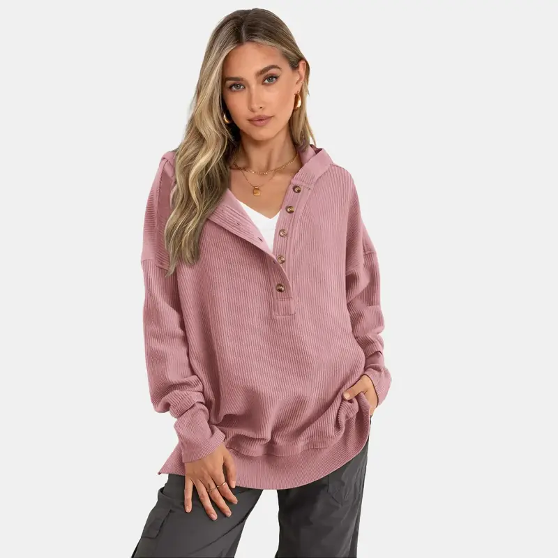 Women's Oversized Button V Neck Hoodie Long Sleeve Sweatshirt