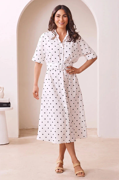 Celia Dress White with Black Polka Dots
