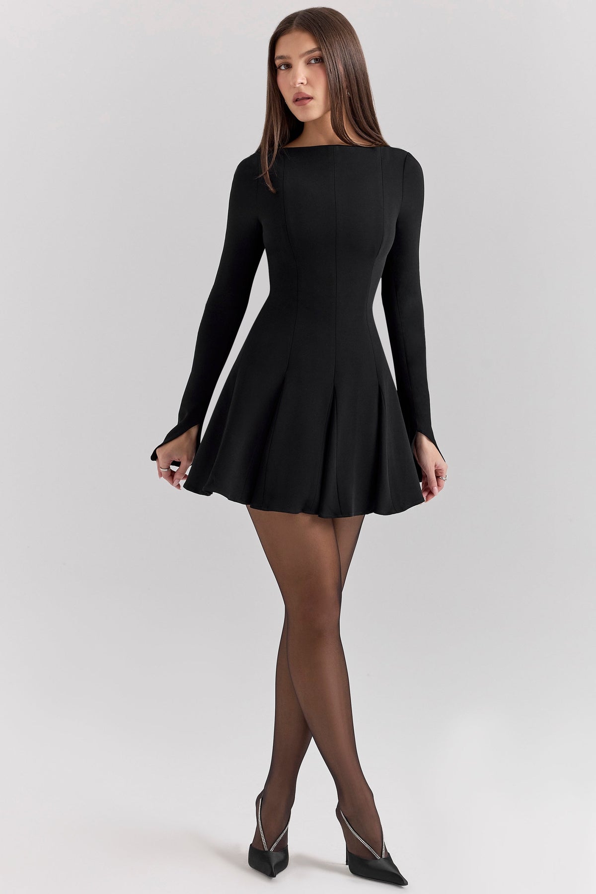 black stretch crepe godet mini dress