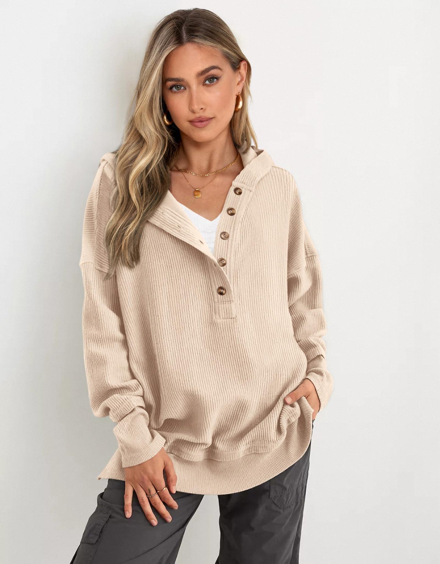 Women's Oversized Button V Neck Hoodie Long Sleeve Sweatshirt