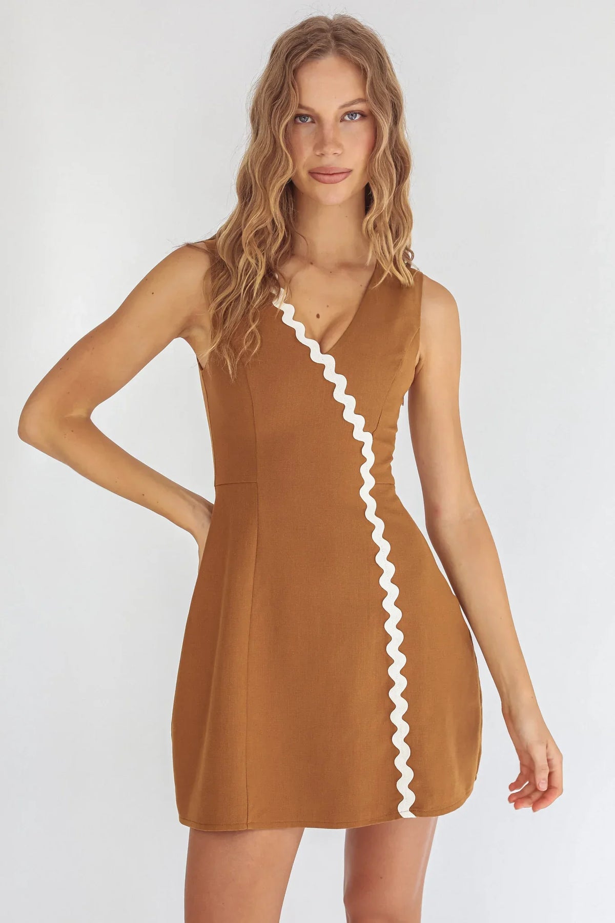 Make You Mine V-Neck Ric-Rac Mini Dress Brown