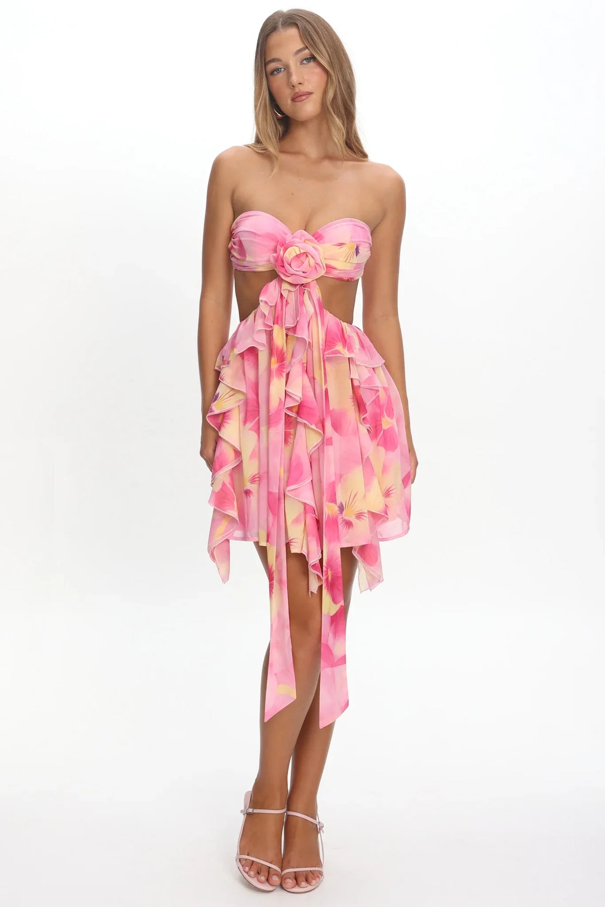 Santiago Cut-Out Ruffle Mini Dress Print Pink