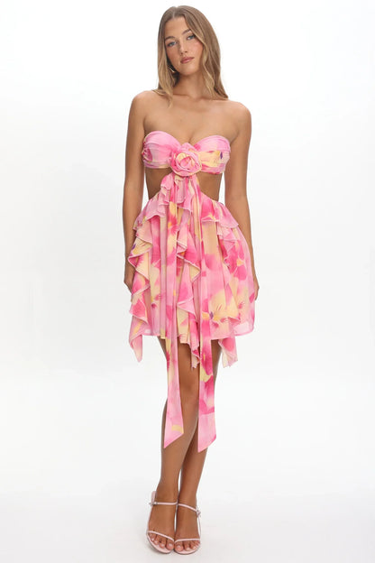 Santiago Cut-Out Ruffle Mini Dress Print Pink