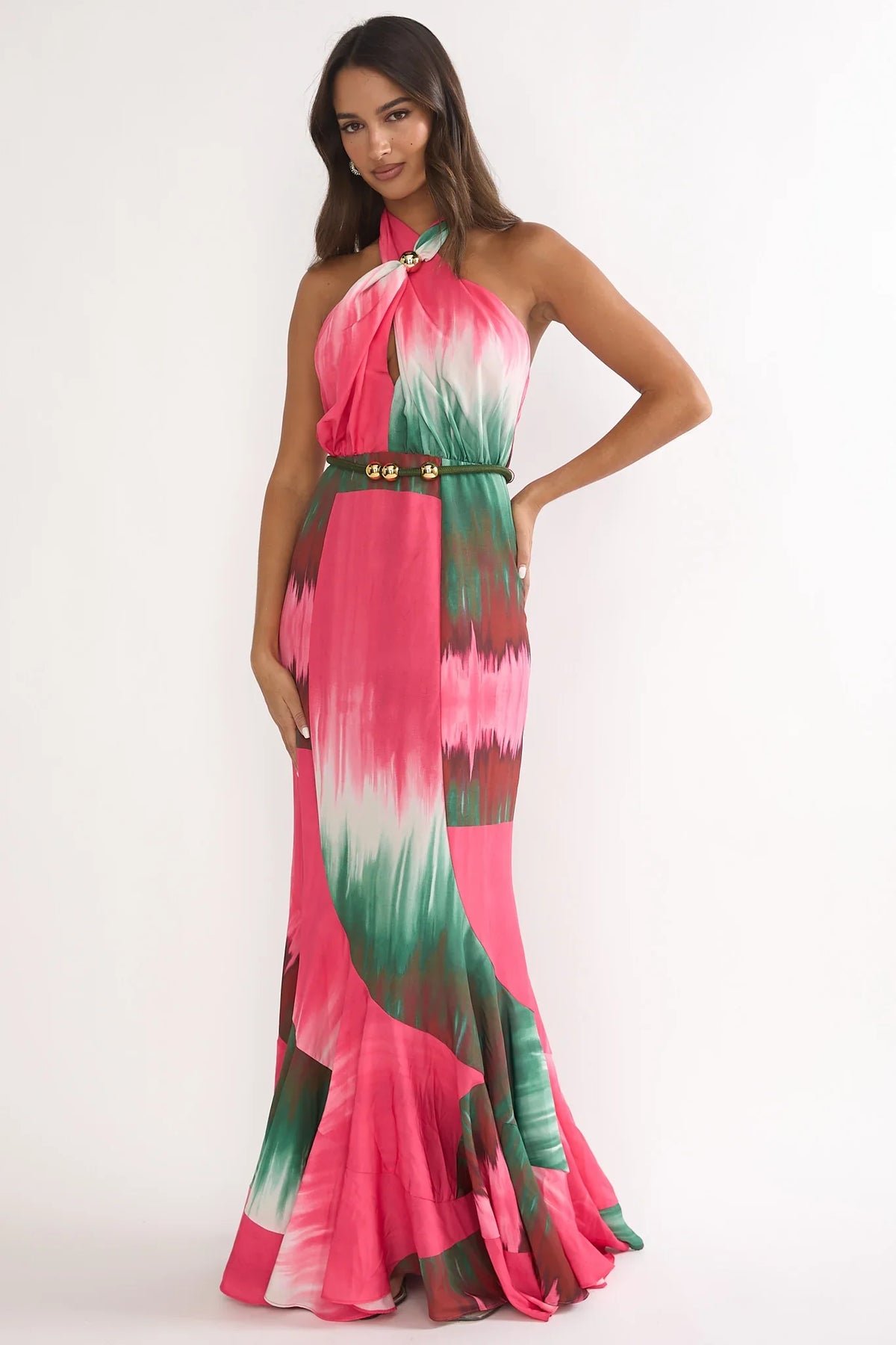 Elaina Rope Waist Halter Maxi Dress Fuchsia