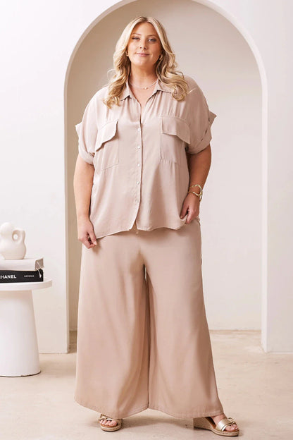 Vittoria Short Sleeve Collared V-Neck Shirt Taupe