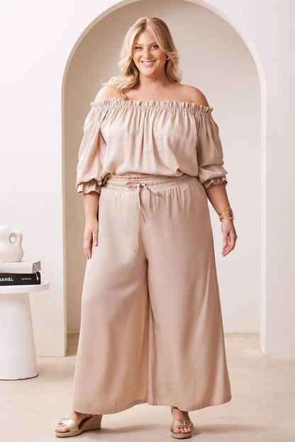 Vittoria Frill Trim Off Shoulder Long Sleeve Top Taupe