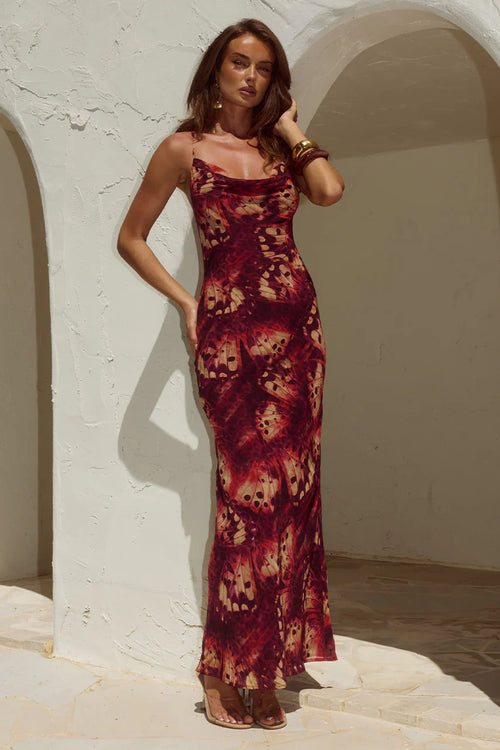 BENITO COWL CROSS BACK MAXI DRESS - ELIANA RED