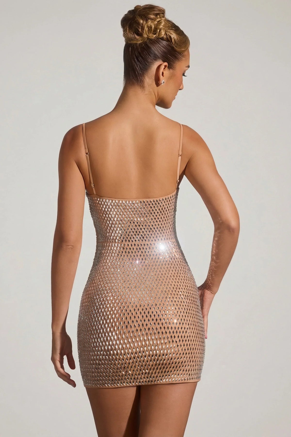 Embellished Cut-Out Mini Dress in Almond