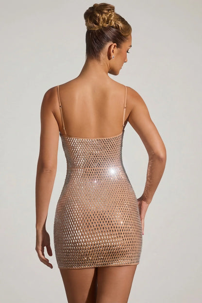 Embellished Cut-Out Mini Dress in Almond