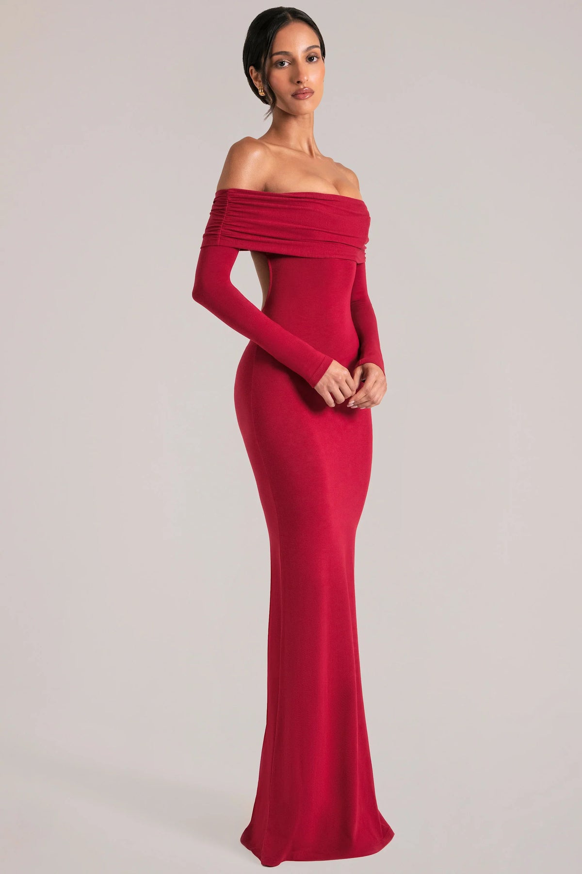 Off-Shoulder Long-Sleeve Maxi Dress in Cherry Red