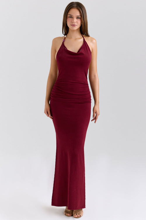wine draped halter neck maxi dress