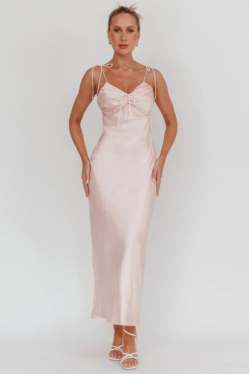 Slow Burn Tied Shoulders Satin Maxi Dress Pink