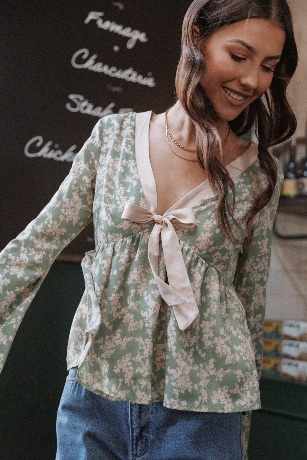 Reeva Long Sleeve Top - Green Floral